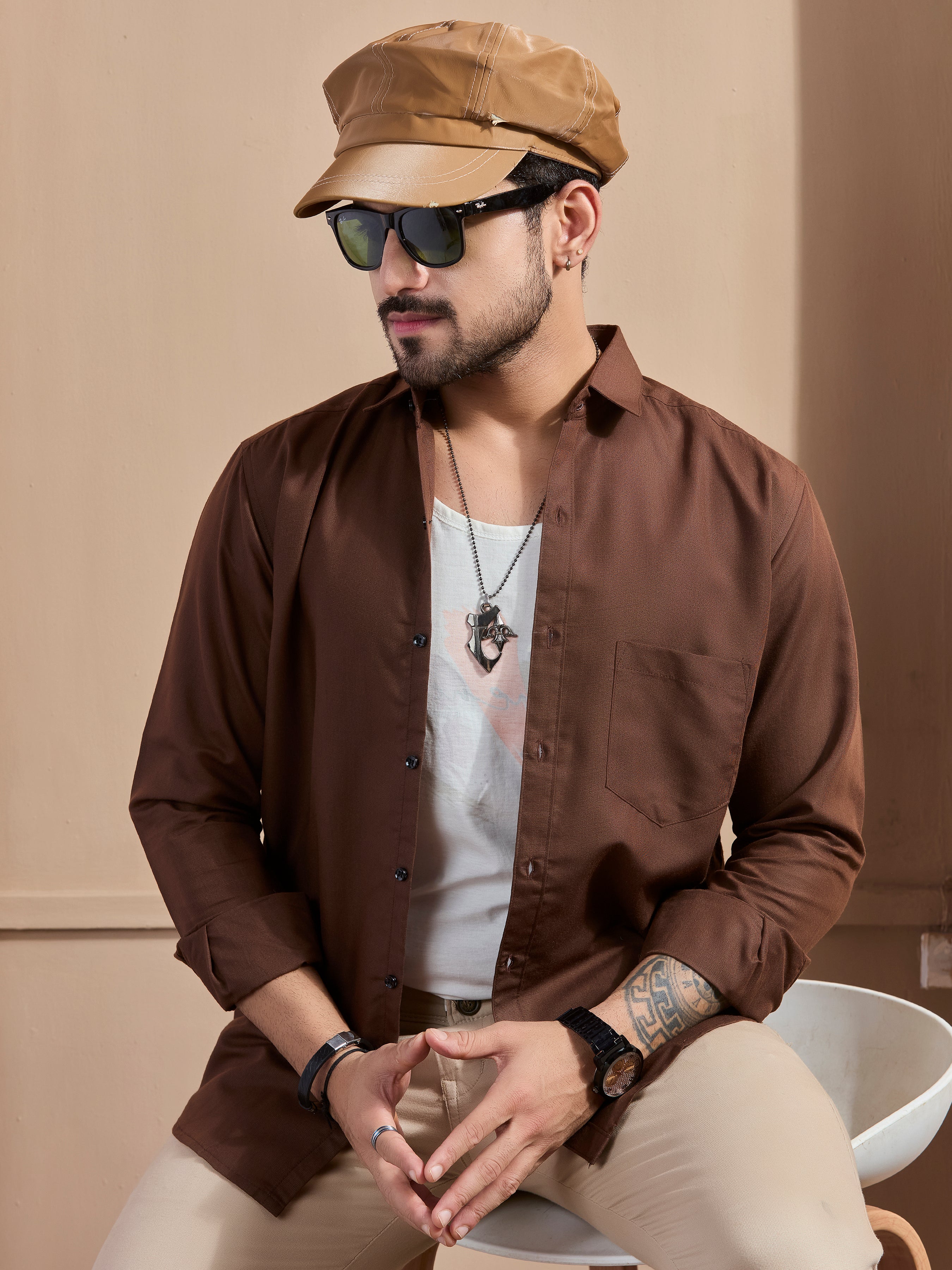 Coffee Linen-Blend Executive Shirt