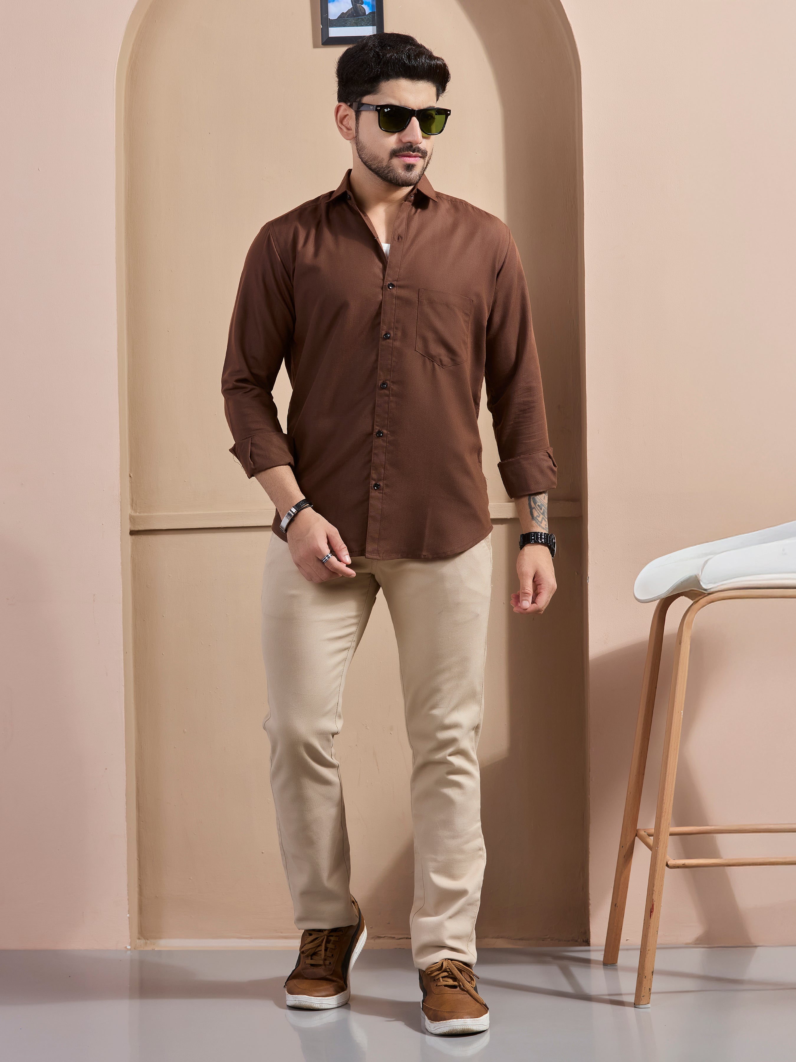 Coffee Linen-Blend Executive Shirt