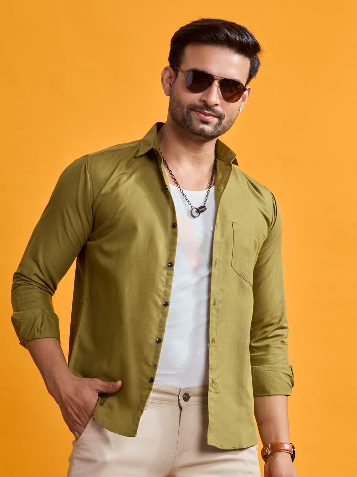 Olive Green Classic Fit Linen Shirt