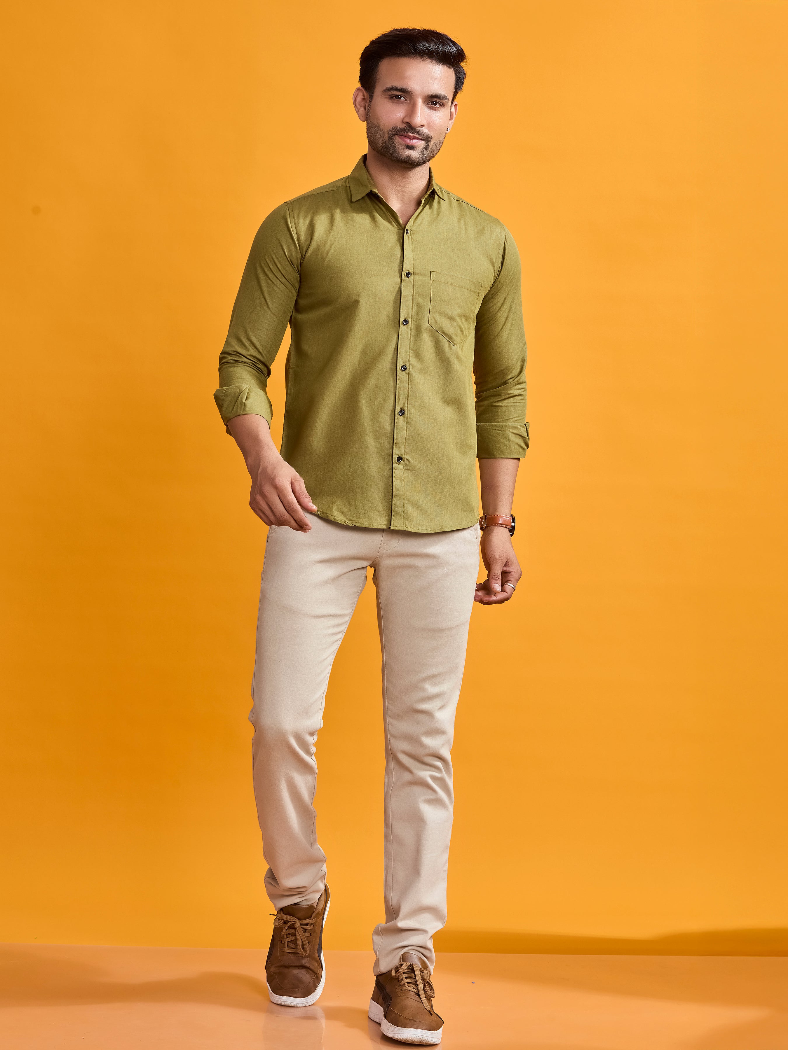 Olive Green Classic Fit Linen Shirt
