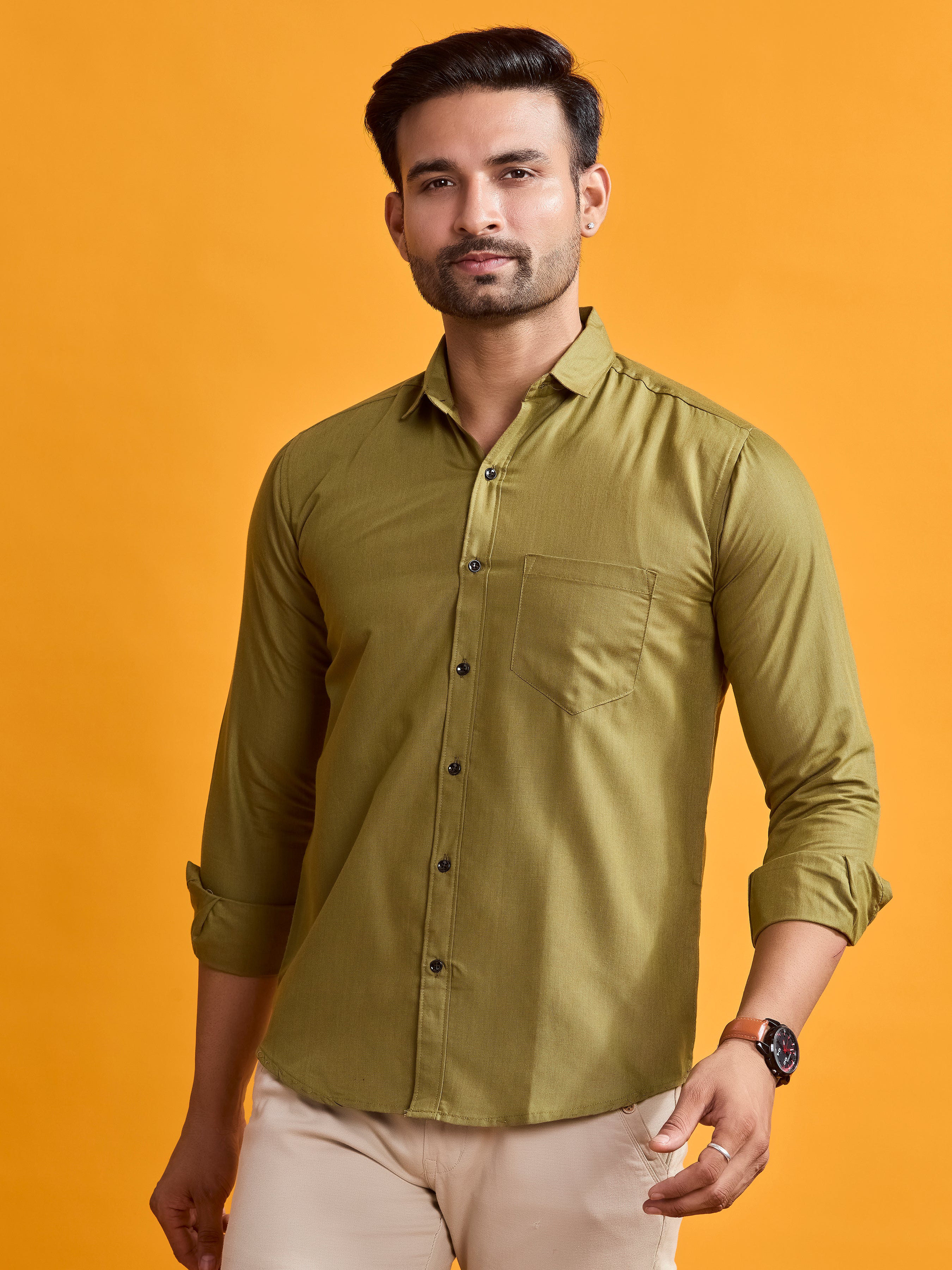 Olive Green Classic Fit Linen Shirt