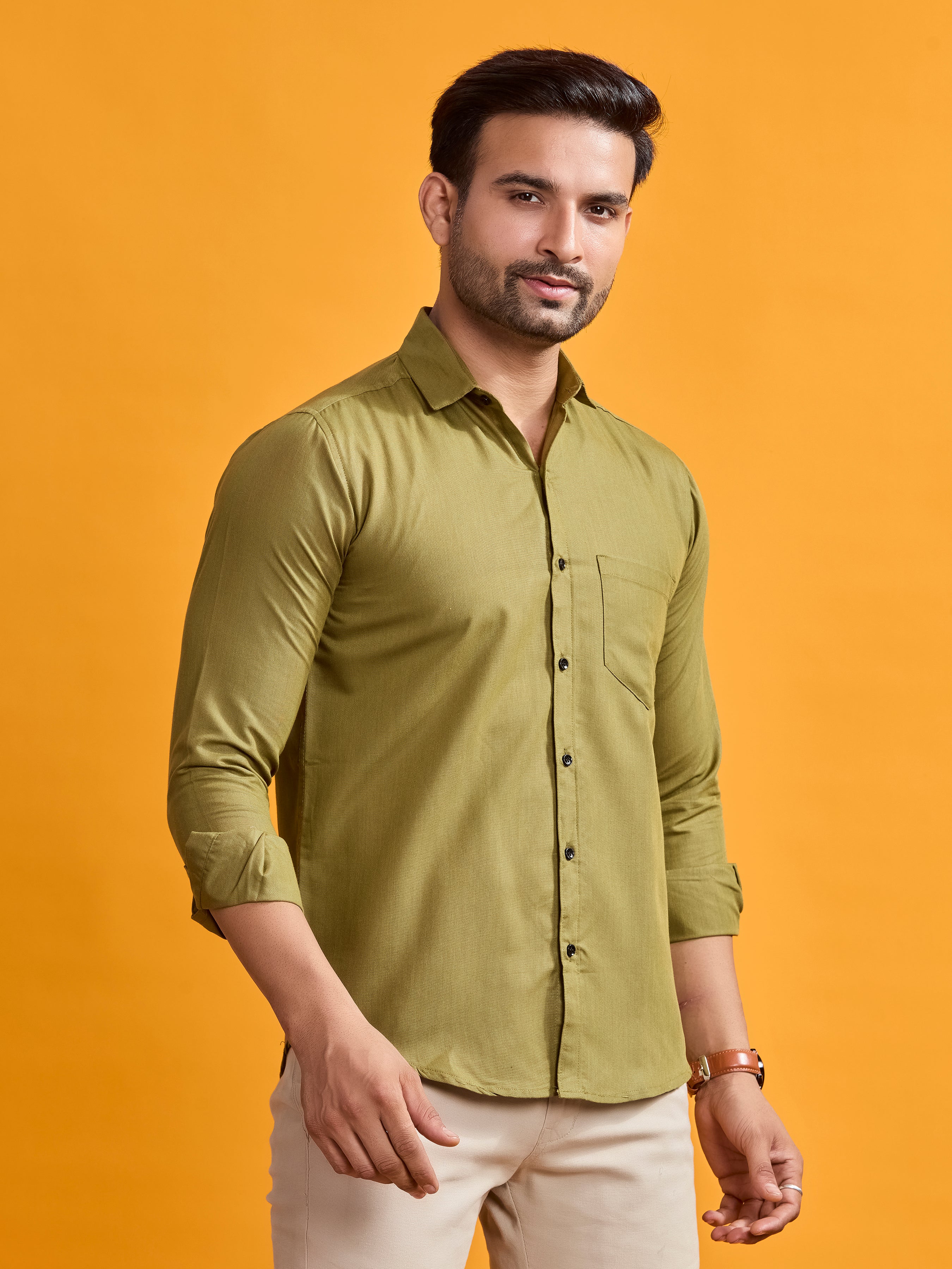 Olive Green Classic Fit Linen Shirt