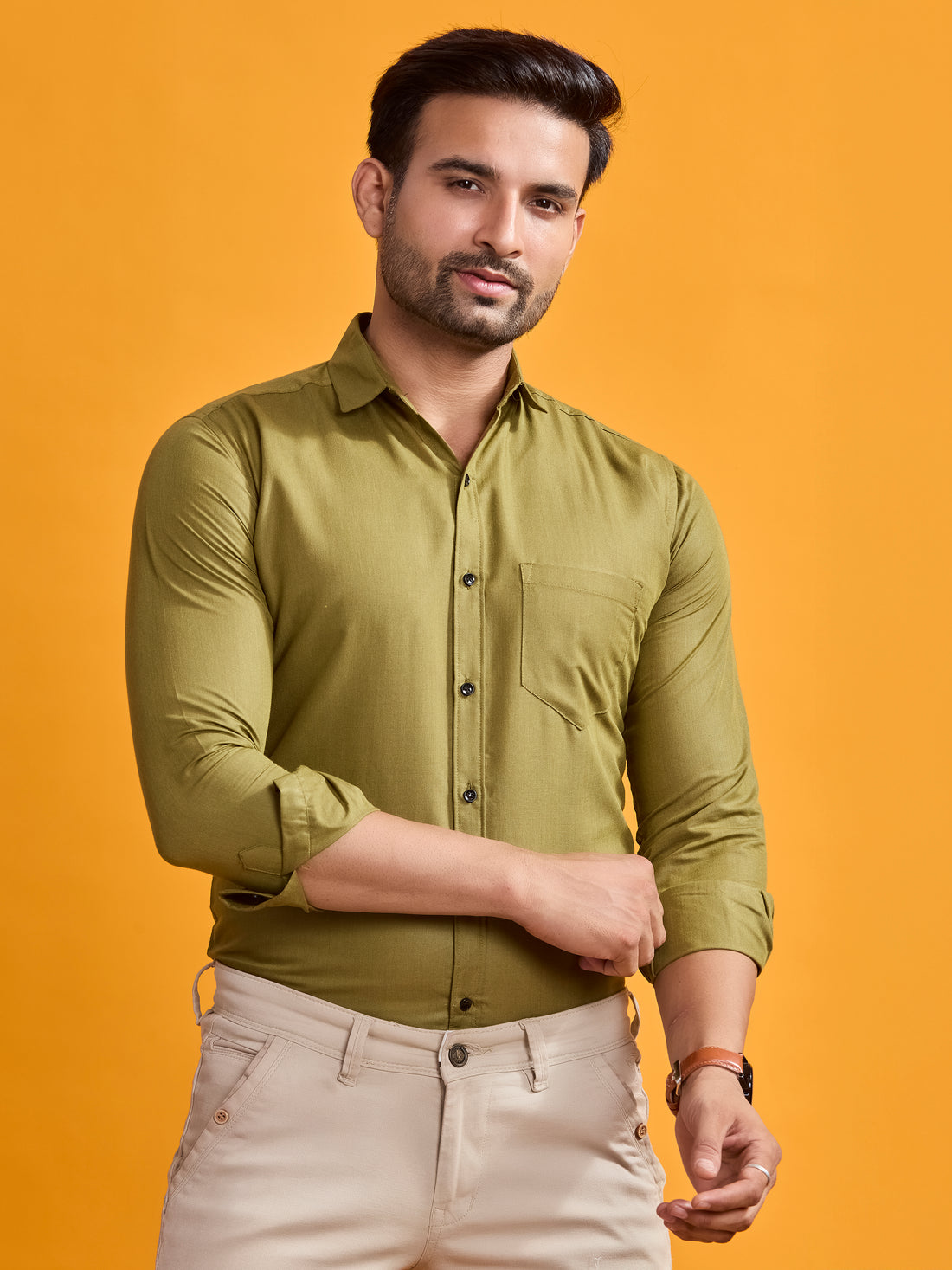Olive Green Classic Fit Linen Shirt