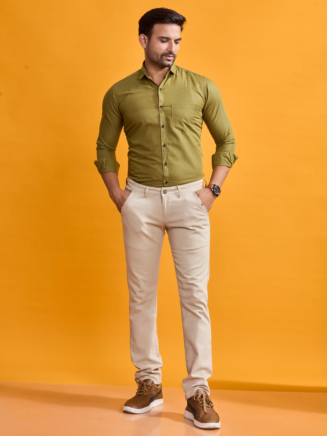 Olive Green Classic Fit Linen Shirt